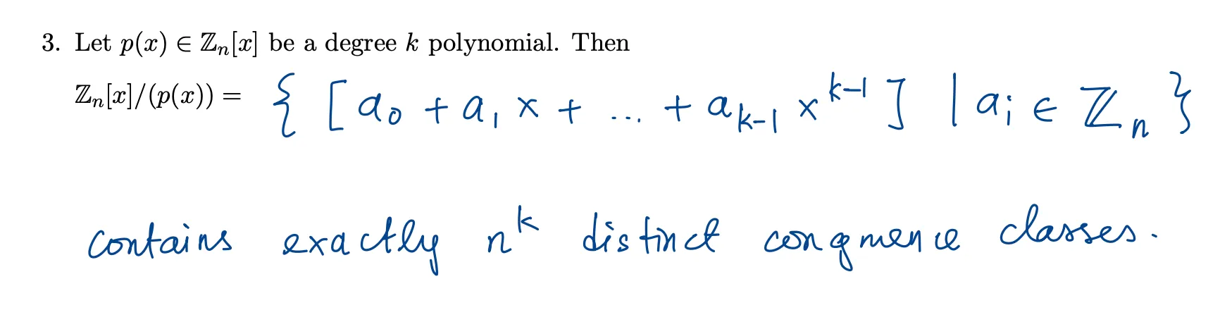 if p(x) in ℤₙ[x] has degree k, then ℤₙ[x]/(p(x)) contains exactly nᵏ distinct congruence classes