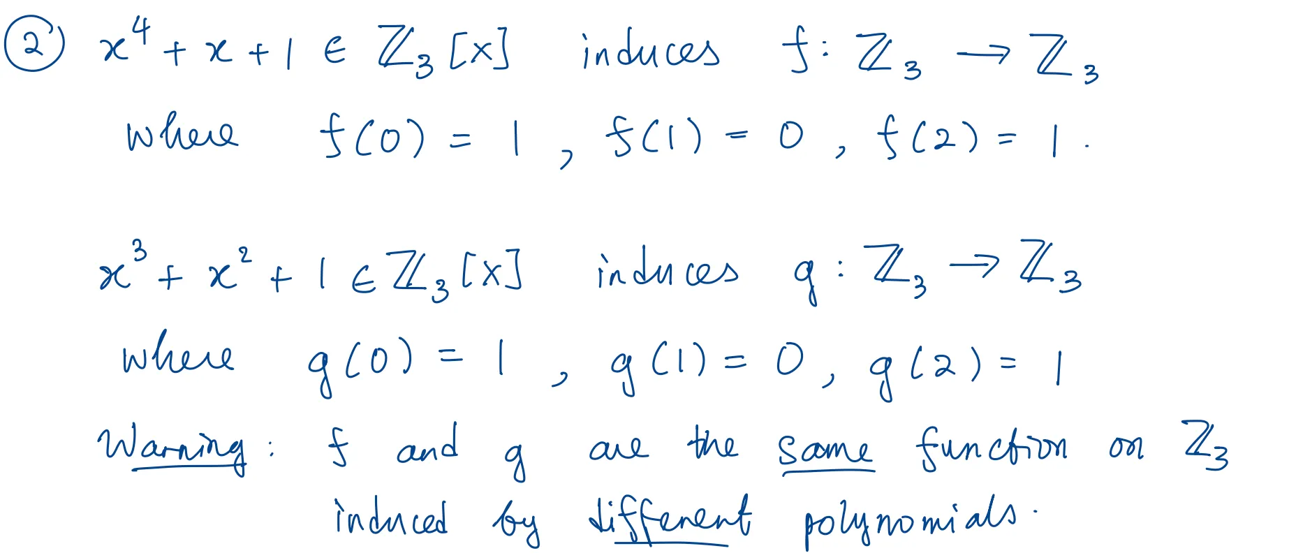 handwritten example: x⁴ + x + 1 and x³ + x² + 1 in ℤ₃[x] induce the same function on ℤ₃, even though they are different polynomials